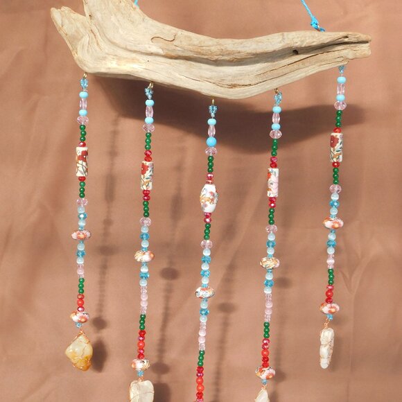 (Flower Power) Driftwood Suncatcher Mobile glass ceramic gemstone beads quartz